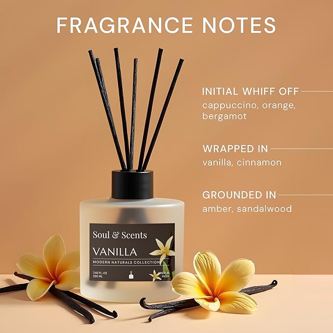 Soul & Scents Reed Diffuser Set – Vanilla | 7.43 oz Refillable Scented Oil with 6 Fiber Sticks | Long-Lasting Home Fragrance & Air Freshener for Bedroom, Bathroom, Office | Gift & Décor Piece