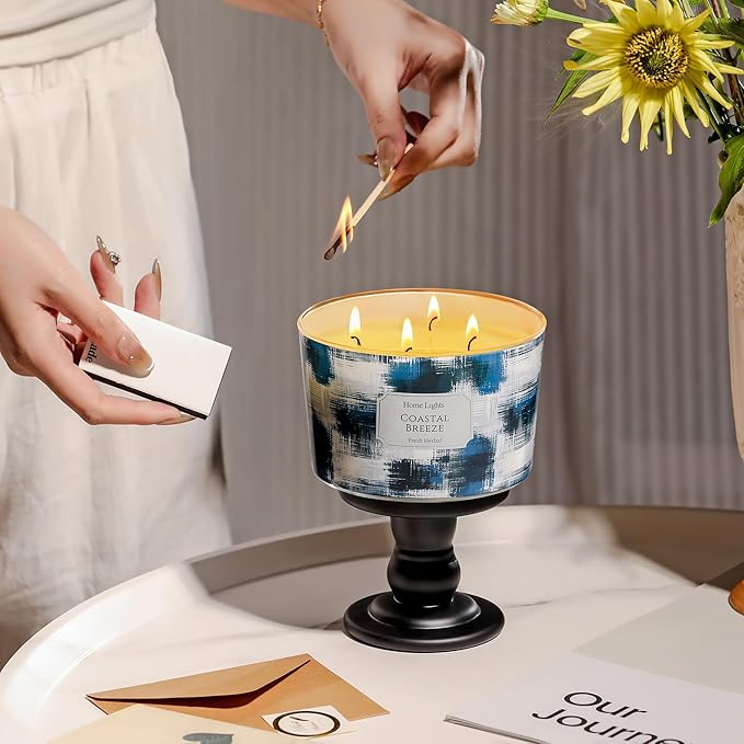 HomeLights Large jar Candle | 4-Wick Long-Lasting Scented Candles, 18oz Natural Soy Wax Candle for Home Scented, Scandinavian Minimalist Design Gifts for Women & Men, Coastal Breeze