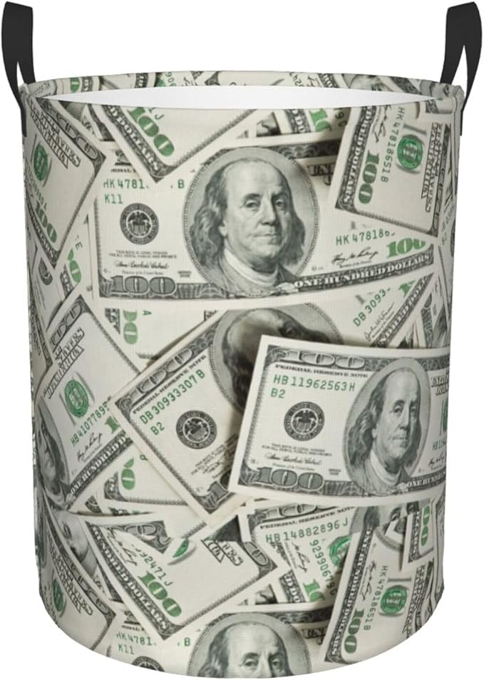 Funny Hundred Dollars Money Bills Laundry Hamper Bag With Waterproof Liner - Round Laundry Basket Foldable Clothes Storage Organizer For Bathroom Bedroom Nursery Dorm, S-16.5"X 13.8"