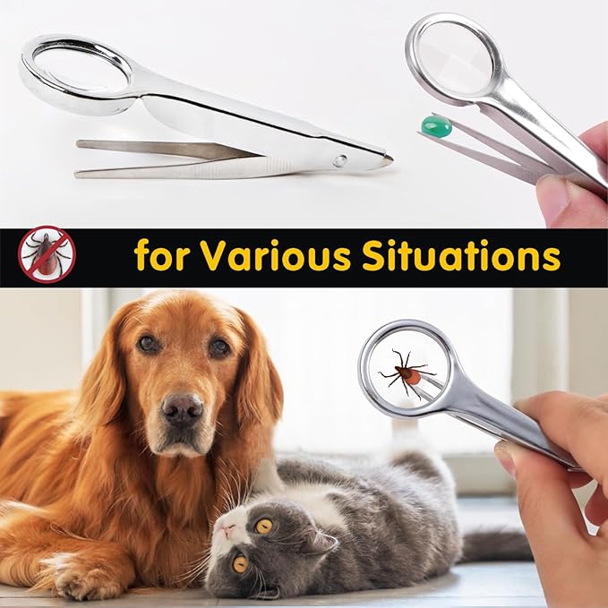 Tick Removal Tool for Dogs, Tick Tweezers Remover Tool Kit Quick Safe Tick Hook Flea Tick Tweezers Flea Comb Magnifying Glass for Dogs Cats