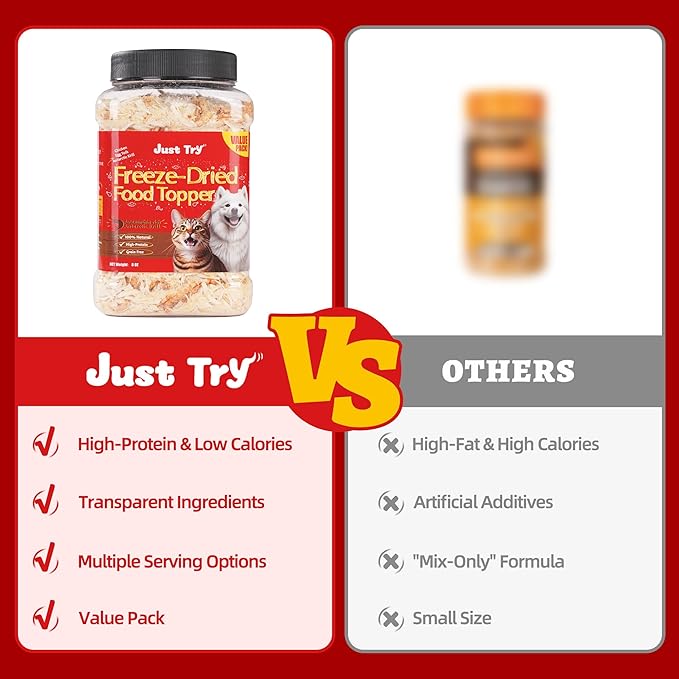 Just Try 8 OZ Raw Antarctic Krill Freeze Dried Cat & Dog Food Toppers Mixers Meal Toppers Low Calorie with Real Chicken Egg Yolk, High Protein Food Toppers Omega 3 for Picky Eaters Skin & Coat Support