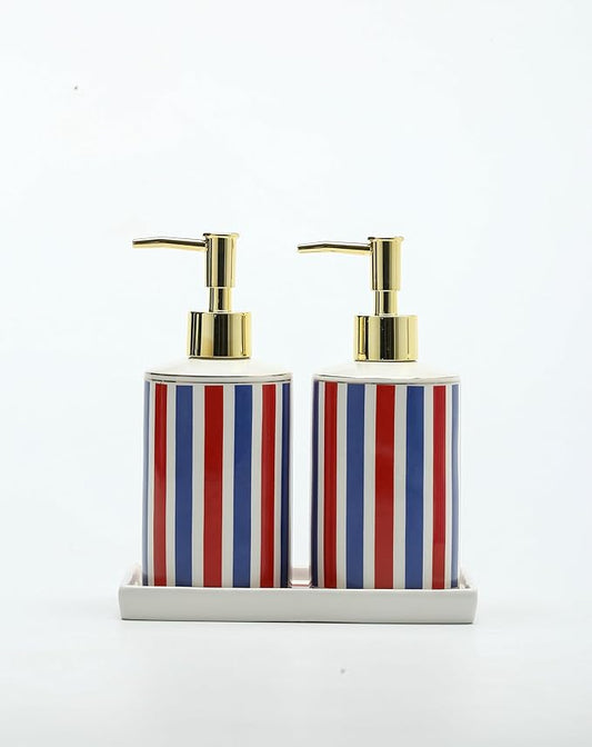 Patriotic Red, White & Blue Ceramic Soap Dispenser Set with Gold Pump – 3-Piece Bathroom & Kitchen Accessories with Tray, Refillable Lotion & Dish Soap Pump Bottles for Fourth of July & Nautical Décor