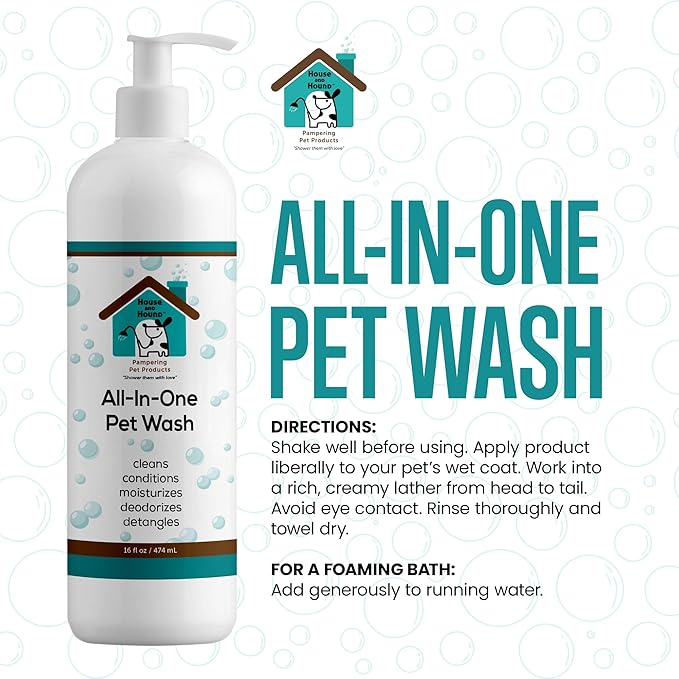 House and Hound All-in-One Pet Wash | Moisturizes, Deodorizes, Detangles – Dog Shampoo and Conditioner for Sensitive Skin – Gentle for All Breeds, Natural Ingredients – 16 oz