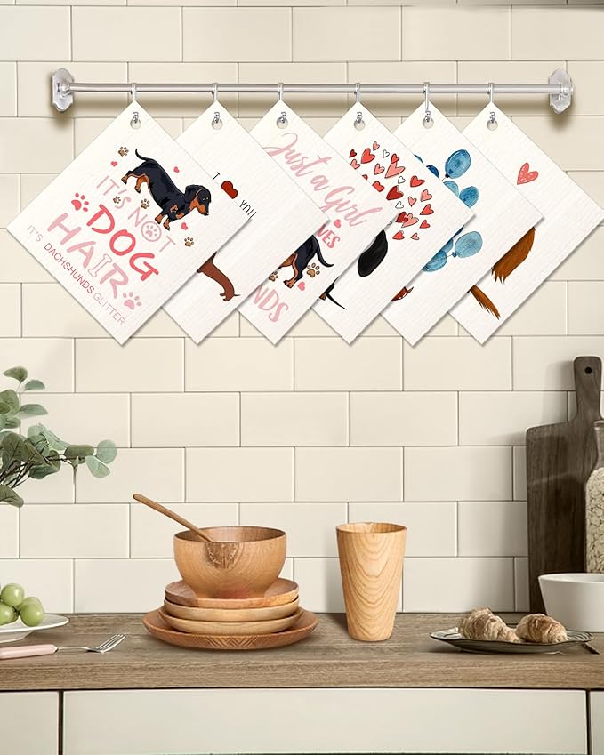 6 Pack Swedish Dishcloths for Kitchen - Reusable Dish Cloths for Washing Dishes Absorbent Cute Funny Kitchen Towels Cleaning Sponge, Love Dachshund