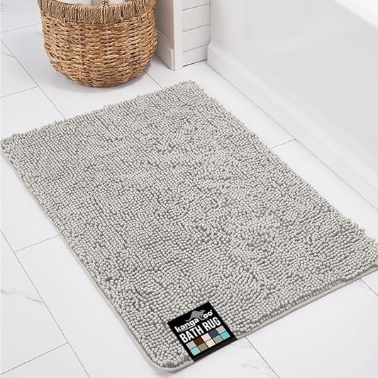 KANGAROO Bathroom Rugs, Chenille Soft Absorbent Bath Rug, Shaggy Shower Mat, Quick Dry Machine Wash Bathmat, Plush Carpet Mats for Tub, Bathtub and Room Home Decor Accessories, 24x17, Light Gray