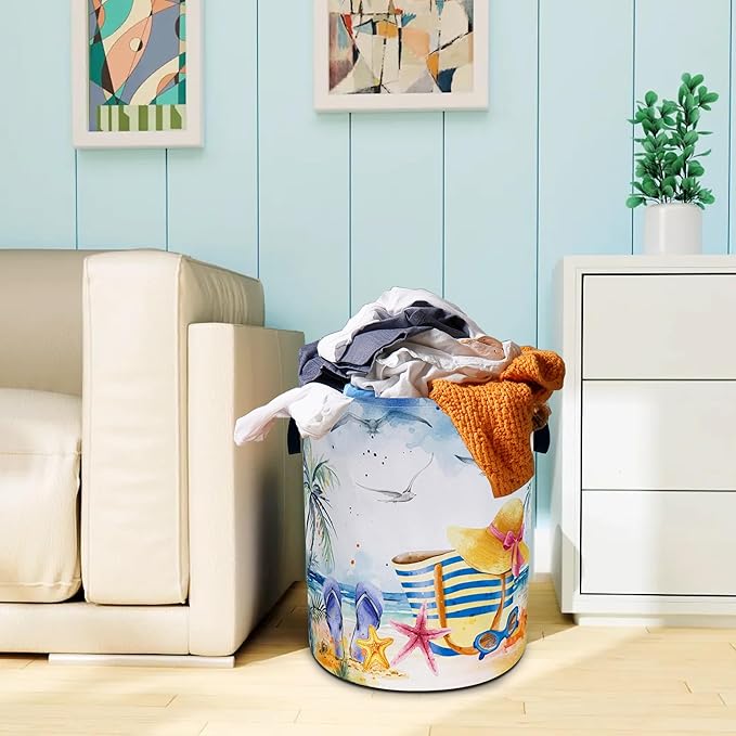 Hawaiian Beach Laundry Basket Oxford Cloth Palm Tree Slippers Laundry Hamper With Handle Foldable Portable Clothes Storage Basket 18.9 X 16.5 In Storage Bag For Laundry Room/Bathroom/Bedroom
