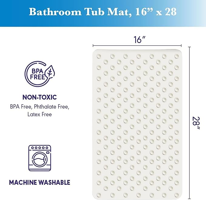 Epica Non Slip Bathtub Mat | Real Rubber Bath Mat for Tub, Shower, Baby Safety, Kids, Pet Dog, Soft No-Slip Nonskid, 16” x 28