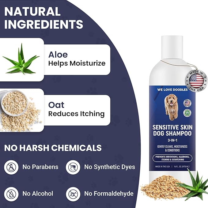 We Love Doodles Premium 3-in-1 Sensitive Skin Dog Shampoo & Pet Dematting Comb - for Allergies, Itching, Scratching, Anti-Itch with Oatmeal & Aloe, Undercoat Rake for Detangling Thinning & Shedding