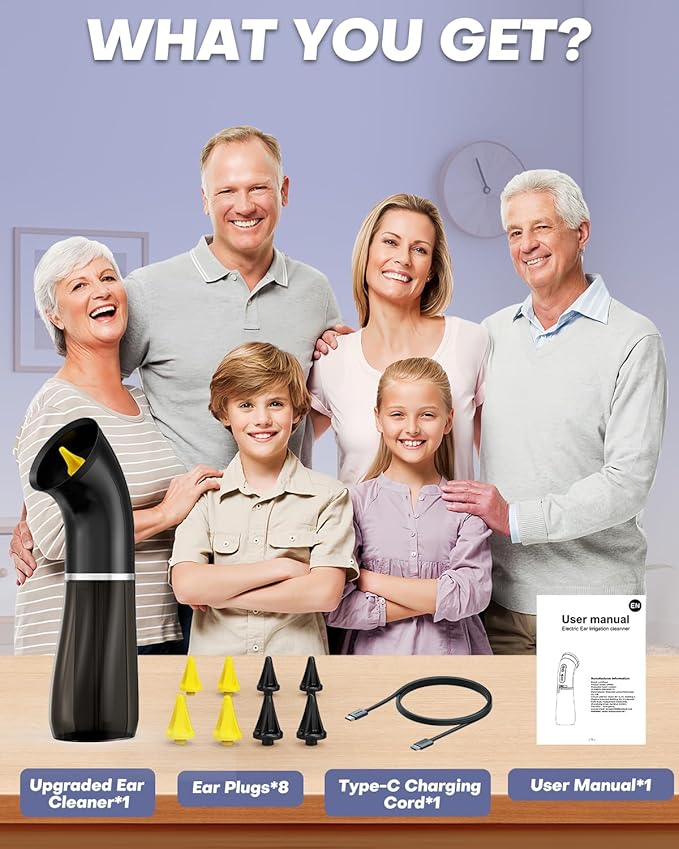 Upgraded Ear Wax Removal Kit, One Piece Waste Tank - Ear Irrigation Flushing System with 4 Modes & 8 Nozzles - IPX7, Safe and Effective Electric Ear Cleaner for Family Use, Type-C (Black)