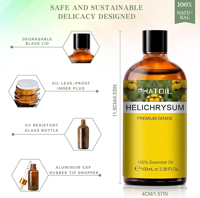 Helichrysum 3.38fl.oz Essential Oil, PHATOIL Pure Aromatherapy Oils for Diffuser, Humidifier, Perfect for DIY Soap, Candle, Bath Bombs Making(100ml)