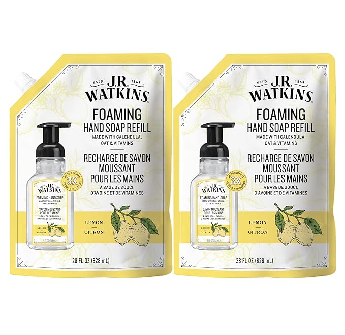 J.R. Watkins Foaming Hand Soap Refill, Moisturizing Foam Hand Wash, Formulated with Plant-Based Cleansers, Alcohol-Free, Cruelty-Free, Lemon, 28 fl oz, 2 Pack