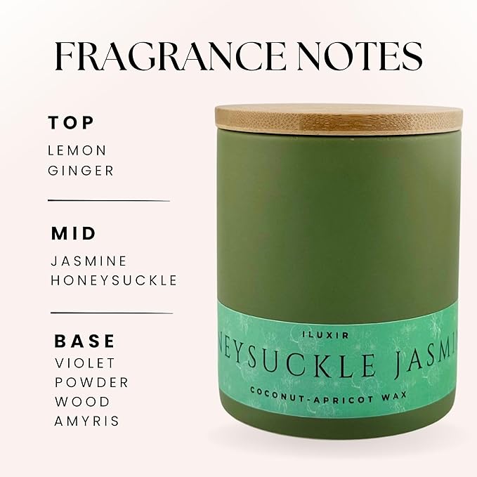 Honeysuckle Jasmine Scented Candle – Long Burning Fresh Floral Spring Fragrance with Lemon, Violet & Wood – Hand-Poured Coconut-Apricot Wax, Non-Toxic, Cruelty-Free – 13 oz with Bamboo Lid