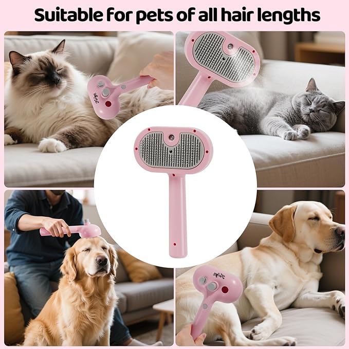 3-in-1 Anti-static Cat Steam Brush & Deshedding Tool - Cat Brush for Long/Short Hair, Reduces 95% Shedding, Easy Clean Grooming Supplies for Pet Owners (pink)