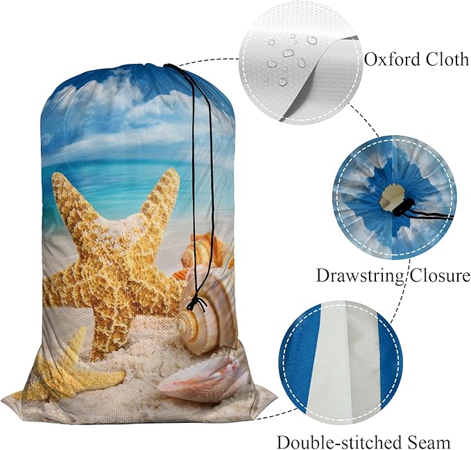 Swono Starfish Laundry Bags for Travel, College, Camping and Gym Seashells On The Beach Blue Sky Coast Shore 28" x 40", Polyester