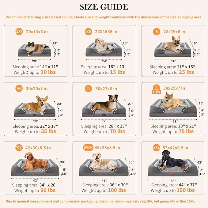 Comfort Expression Orthopedic Dog Bed for Extra Large Dogs 45x35 Inch, Waterproof Supportive Egg Crate Foam XL Pet Bed with Removable Bolsters, Dog Couch with Washable Cover & Non-Slip Bottom, Grey