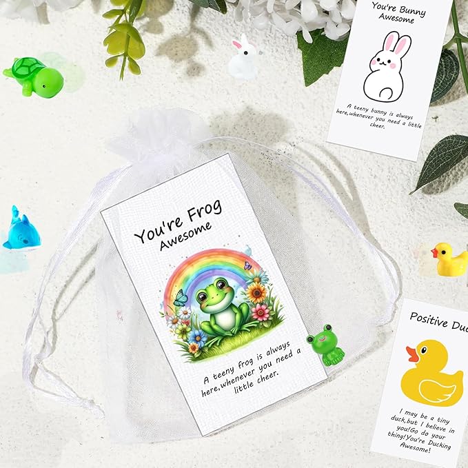 100Pack Positive Gifts Bulk Inspirational Teacher Dietitian End of Year Student Gifts,with Funny Card Organza Bag for Coworker Staff（Shark, Frog, Rabbit,Turtle, Duck