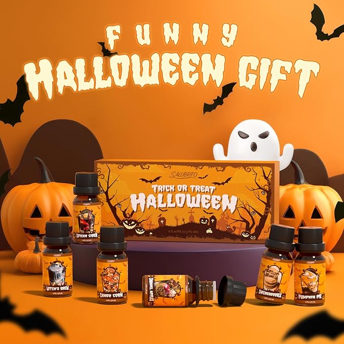 SALUBRITO Halloween Fragrance Oils Set, Funny Essential Oils Gift Set for Diffuser, Candle, Soap Making Scents, Pumpkin Pie, Spiced Cider, Caramel Apples, Candy Corn, Snickerdoodle, Witch's Brew