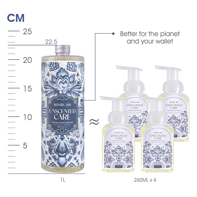 ROMIIE ZOI Foaming Hand Soap Refill Gift Set – Unscented – 3 Pack (1000ML Each) with Dispenser – Pure & Neutral, Gentle & Frangrance Free Formula – Bulk Refill Bottles for Bathroom & Kitchen Use