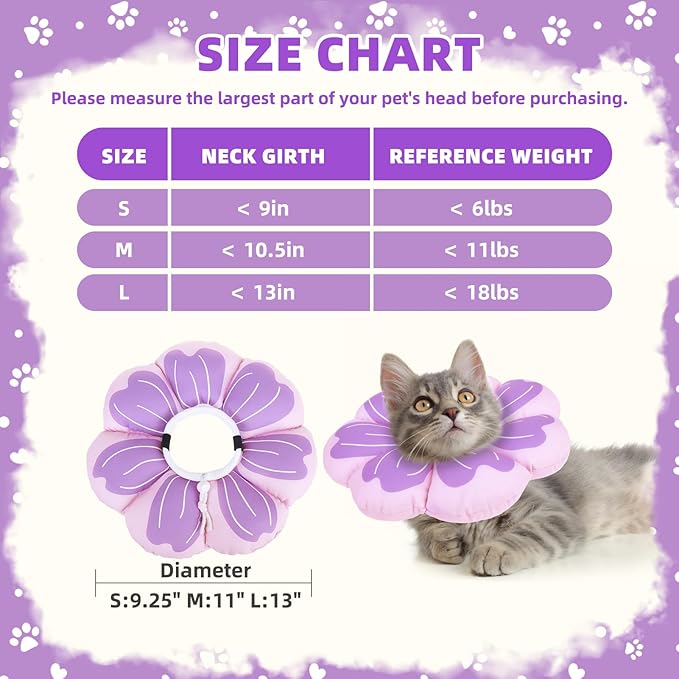 PUPTECK Cat Cone Collar Soft, Adjustable Protective Recovery Flower Collar Alternative, Comfortable Elizabethan Cat Collar Lightweight Stop Licking Neck Cone for Cats After Surgery, Purple, M