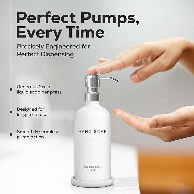 White Glass Hand Soap Dispenser Bathroom Set by Brighter Barns - Bathroom Soap Dispenser Set with Ceramic Tray - Refillable Glass Bottle Pump - Modern Home Decor for Airbnb, Hotel, Restaurants (White)