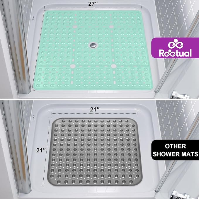 Reetual XL Shower Mat Non Slip - 27x27 Bath Mat for Shower Stall or Large Bathtub Mat with 240 Powerful Suction Cups and Drain Holes. Black Shower Mats for Bathroom (Aqua Green)