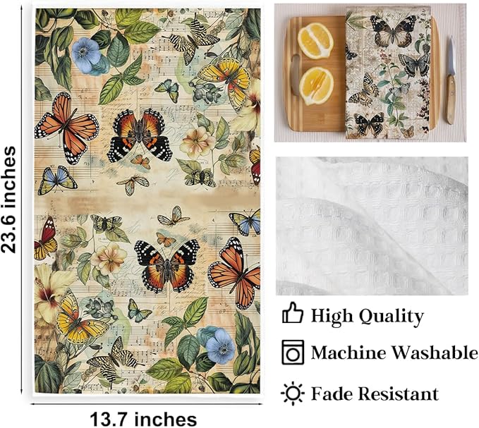 2 Pcs Vintage Butterfly Kitchen Towels, Rustic Botanical Decorative Absorbent Microfiber Dish Cloth Tea Towel, Artistic Waffle Soft Hand Towels for Farmhouse Home Bathroom, Butterfly Gifts 2