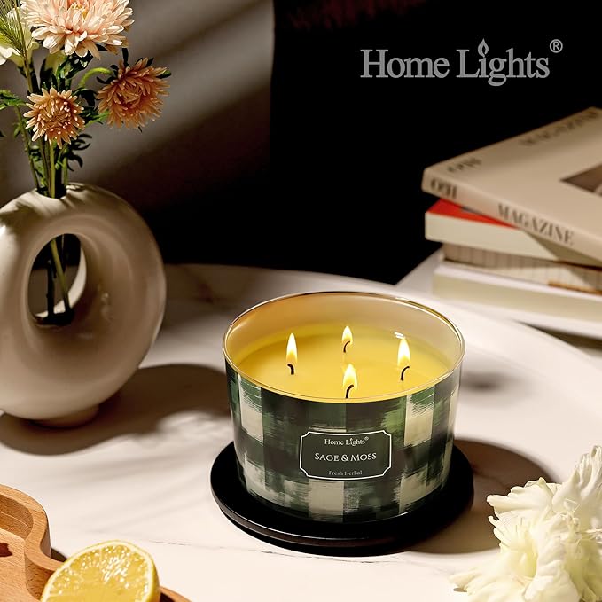 HomeLights Scented Candles for Women & Men, 18oz Candle Jars Aromatherapy 4-Wick Candle, Ideal for Scandinavian Minimalist Design Home Decor and Gifts, Sage & Moss