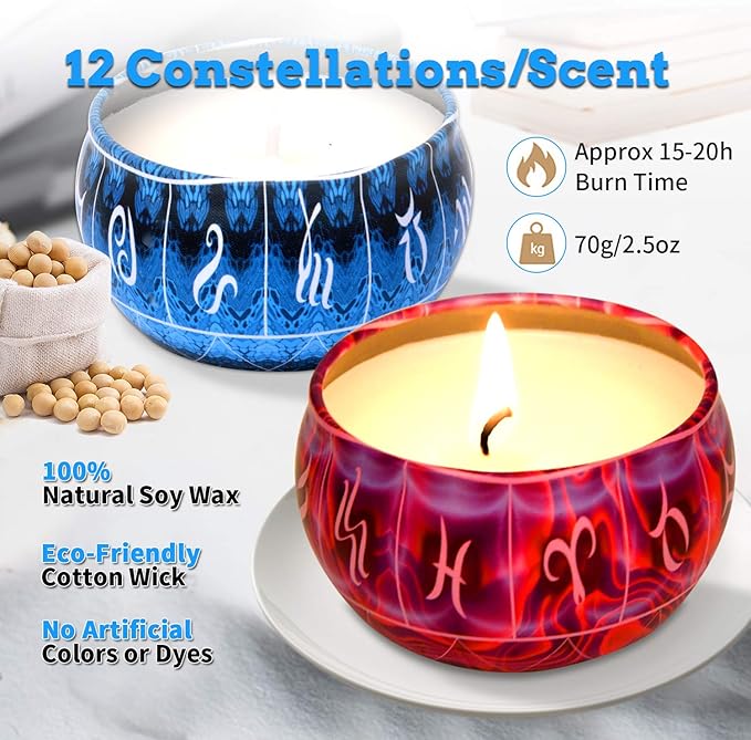 12 Constellations Scented Candles Gift Set 2.5oz Aromatherapy Candles Strong Fragrance Portable Travel Tin Jar Candles Gifts for Home Scented Decoration Birthday Valentine'sDay
