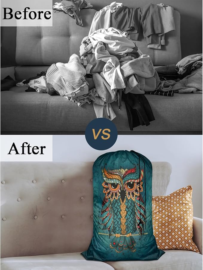 Swono Owl Large Dirty Clothes Laundry Bag for Laundry Basket Hamper, Cartoon Bird Animal Doodle Graphic Machine Washable Dirty Clothes Organizer