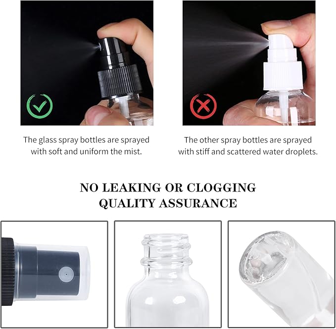 2oz Glass Spray Bottle, Fine Mist Boston Glass Bottles with Black Fine Mist Sprayer Small Clear Bottles for Essential Oils, Bath, Beauty, Hair & Cleaning, Clear, Pack of 48