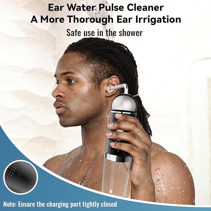 Ear Wax Removal, Electric Ear Irrigation Flushing System with Pulse Mode, Water Ear Cleaning Kit, Portable Ear Cleaner with Basin and Resuable Nozzles for Adults-Black