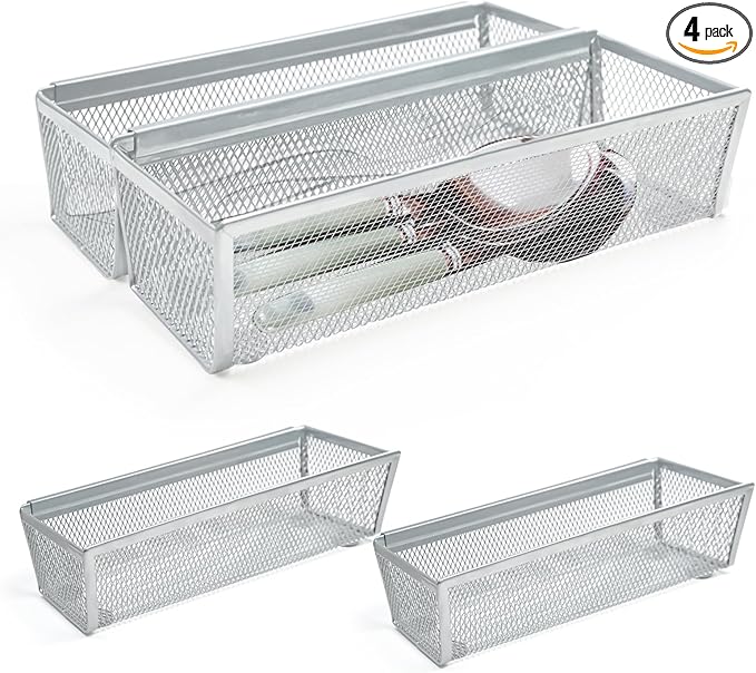 4PCS Drawer Organizer for Kitchen, Utensil Mesh Organizer With Interlocking Arm for Cosmetic, Flatware, Pen (9 * 3 * 2 Inches, Grey)