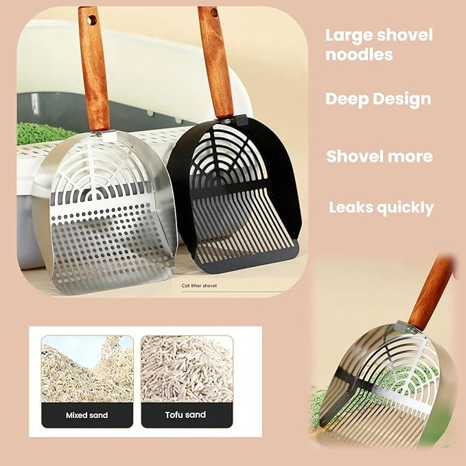 Heavy Duty Aluminum Alloy Cat Litter Scoop with Stand | Beech Wood Grip + Long Handle for Comfort | Deep Sifter for Fast, Efficient Poop/Litter Cleaning | Durable for Litter Box (Long Strip)