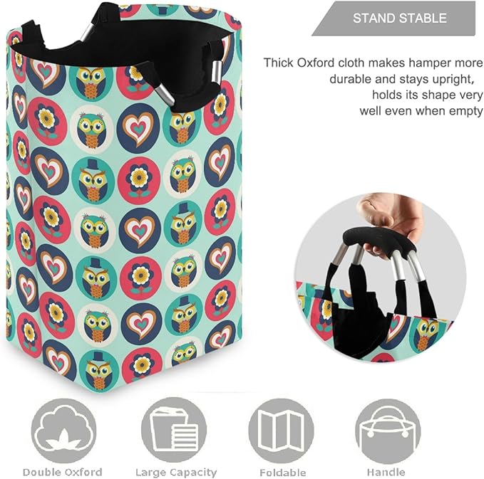 visesunny Cute Owl Heart Animal Large Capacity Laundry Hamper Basket Water-Resistant Oxford Cloth Storage Baskets for Bedroom, Bathroom, Dorm, Kids Room
