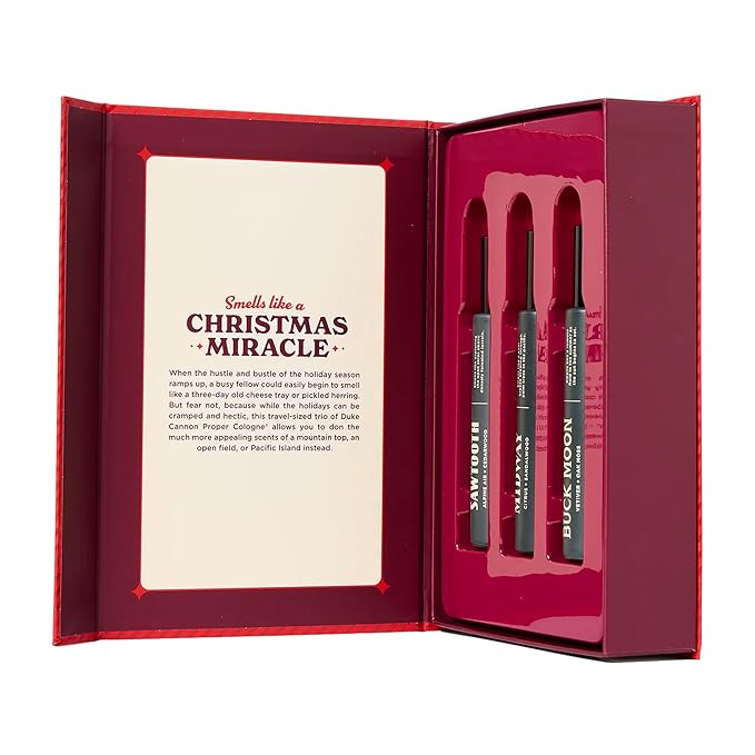 Duke Cannon Merry Little Sniffmas Giftset - travel-sized trio of Duke Cannon Proper Cologne® - Holiday Cologne Gift Set - eau de parfum - Sawtooth, Buck Moon, Midway