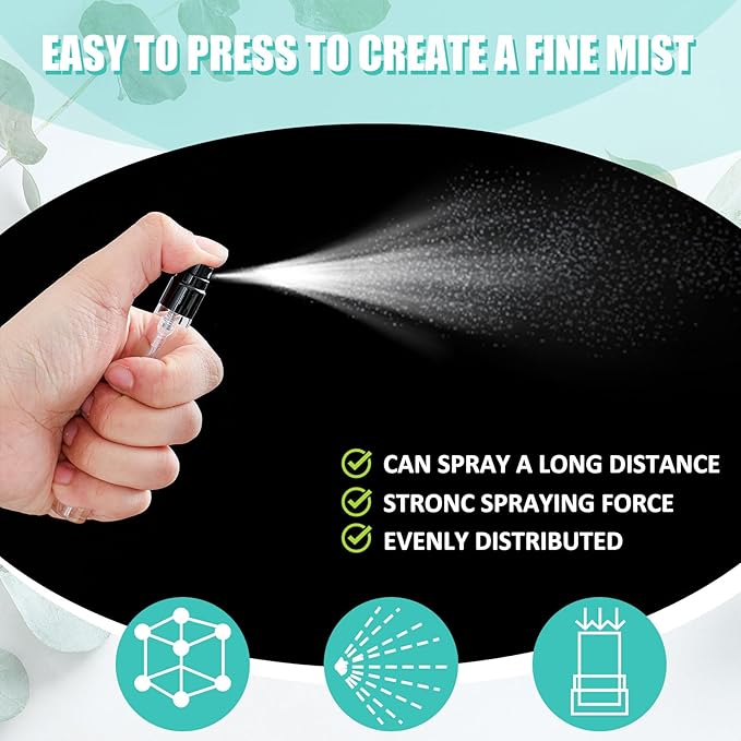 Zhehao 50 Pcs Mini Spray Bottles 10 ml Clear Glass Perfume Bottles Refillable Fine Mist Perfume Atomizer Portable Empty Sample Containers for Cleaning, Essential Oils, Travel (Black Cap)
