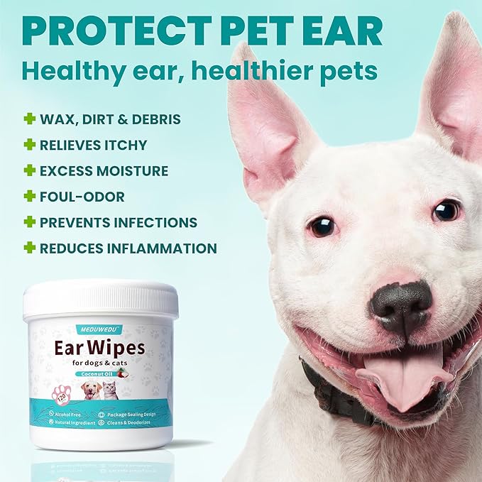 Ear Cleaner Wipes 120 Counts, Dog Ear Cleaner, Grooming Kit Care for Dogs and Cats, Soft & Easy Otic Cleaning Pads, Remove Wax, Dirt & Stop Smelly, Itchy, Non-Irritating, Coconut Scent
