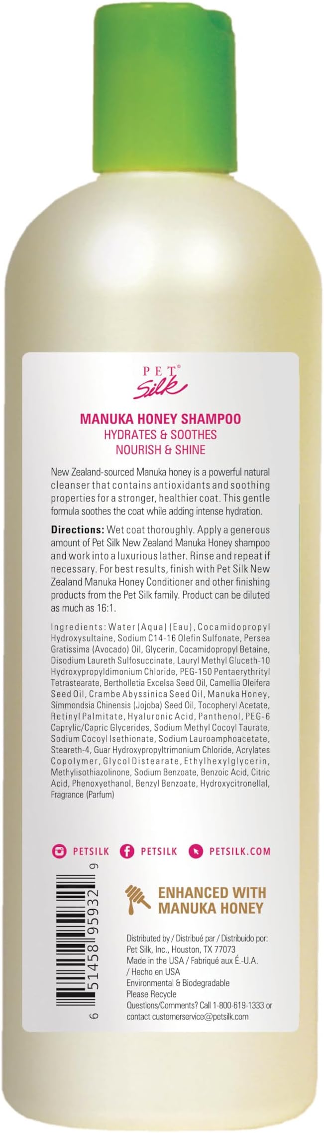 Pet Silk New Zealand Manuka Honey Shampoo, Specially Formulated to Provide Improved Hydration, Shine, Nourishment, and Soothing The Coat, Gentle for All Pets, Infused with Honey, Jojoba Oil (16oz)