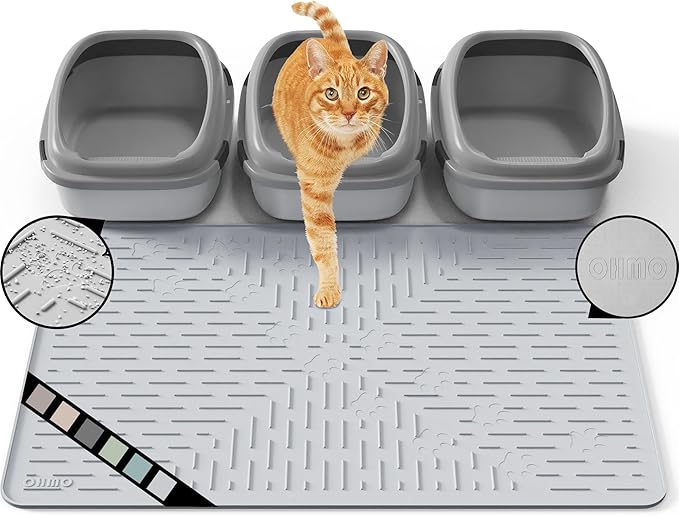 OHMO Cat Litter Mat XXL Trapping Mat Premium Silicone Rubber 37.5x25.2 Ash Grey, Waterproof and BPA Free Kitty Litter Box Mat, Easy to Clean and Keeps The Floor Tidy