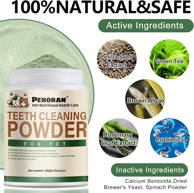 Pet Teeth Cleaning Powder 6 oz - Dog Dental Care, Dogs & Cats Tooth Cleaning, Tartar Cleaning and Removal, Fighting Bad Breath, Oral Care, Breath Freshener