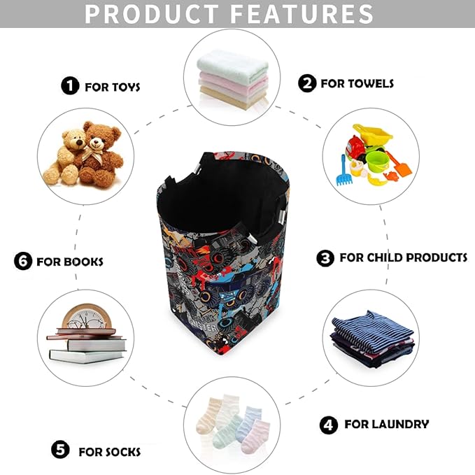 visesunny Large Capacity Laundry Hamper Basket Monster Truck Car Pattern Oxford Cloth Storage Baskets for Bedroom, Bathroom, Dorm, Kids Room