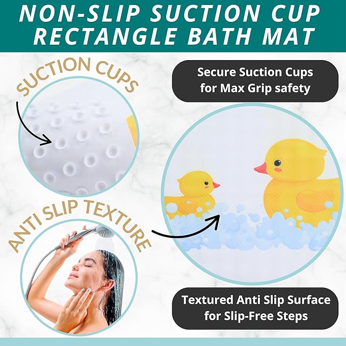 ENKOSI Non Slip Bath Mat for Tub and Shower Floors – Anti Slip Shower Mat with Strong Secure Suction Cup Grip – Rubber Duck Print for Kids and Toddlers for Inside Bathroom Bathtub (28x16 Duck)