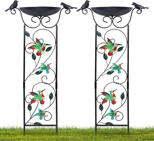 hogardeck 2 Pack 35” Metal Bird Bath with Garden Trellis for Climbing Plants Outdoor, Vintage Detachable Decorative Birdbath Bowl, Metal Plant Support for Climbing Flowers