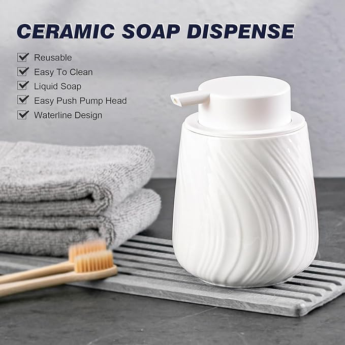 soap Dispenser Ceramic Lotion Dispenser with Easy-to-Press Pump for Bathroom 13.5 oz refillable Liquid Hand soap Dispenser for Hand sanitizers (Liquid-White)