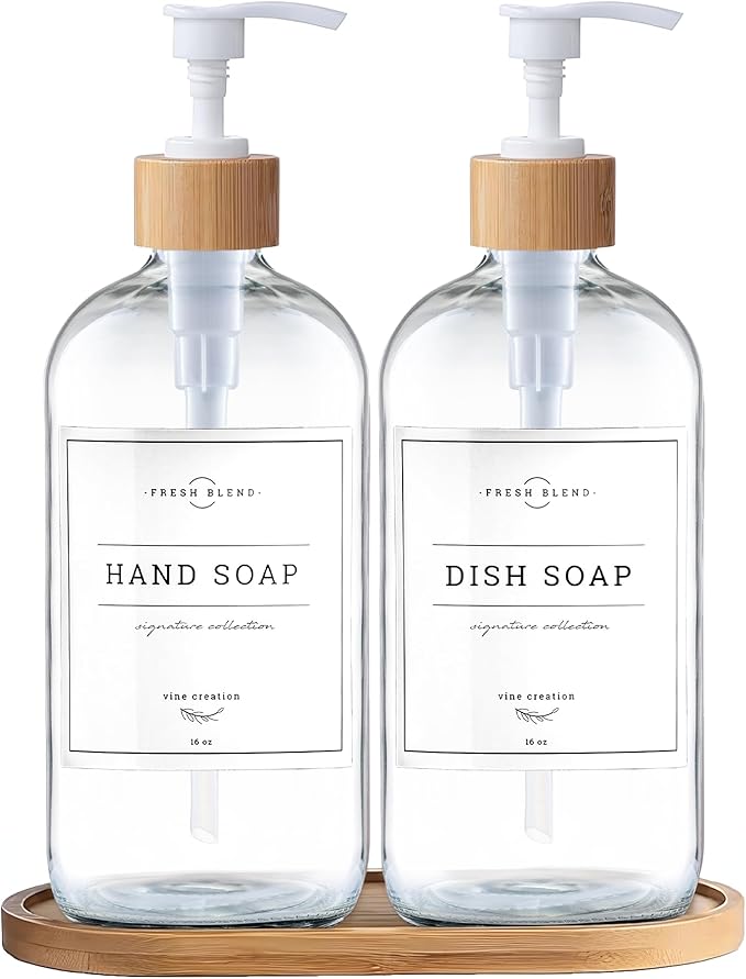Vine Creations Glass Soap Dispenser Set - Kitchen Soap Dispenser Set with Tray - Bamboo Dish Soap and Hand Soap Dispensers Set for Bathroom - White Kitchen Decor with Waterproof Labels (Clear)