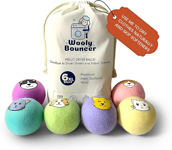 Laundry Dryer Balls-100% New Zealand Wool,Replaces Dryer Sheets,Reduces Wrinkles & Drying Time,Anti-Static,Pet Hair Removal,Hand-Felted,Natural Fabric Softener,Reusable,Quiet,Child-Friendly(Pack of 6)