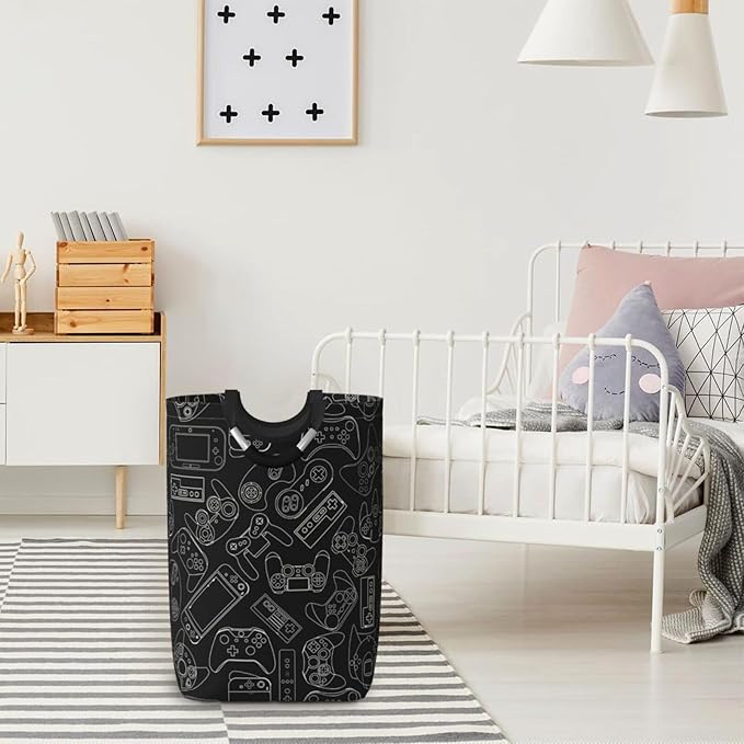 Video Game Controller Background Large Laundry Hamper Bag With Waterproof Liner - Gaming Gadgets Laundry Basket Foldable Clothes Storage Organizer For Bathroom Bedroom Nursery Dorm