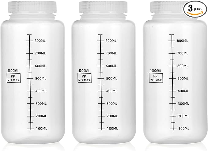 32oz/1000ml Plastic Bottles,Wide Mouth with Scale PP Containers Jars,Graduated Food Grade Leak Proof Plastic Bottles for Lab Reagent Liquid Medicine Storage (Transparent，3 * 1000ML)