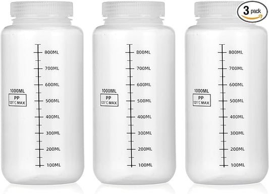 32oz/1000ml Plastic Bottles,Wide Mouth with Scale PP Containers Jars,Graduated Food Grade Leak Proof Plastic Bottles for Lab Reagent Liquid Medicine Storage (Transparent，3 * 1000ML)