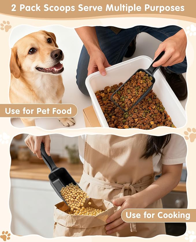 2-Pack Dog Food Scoop 1 Cup, Plastic Pet Food Measuring Scoop With Measuring Lines (1/2 & 1 Cup Markings) for Dogs, Cats, Fish, Bird（Black)